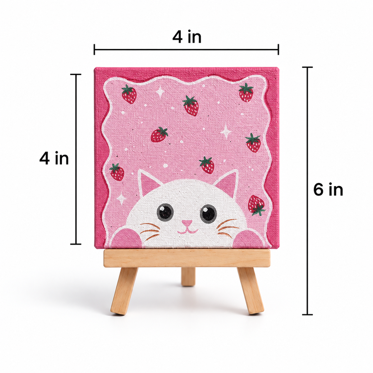 Strawberry Kitty Hand-Painted Mini Canvas
