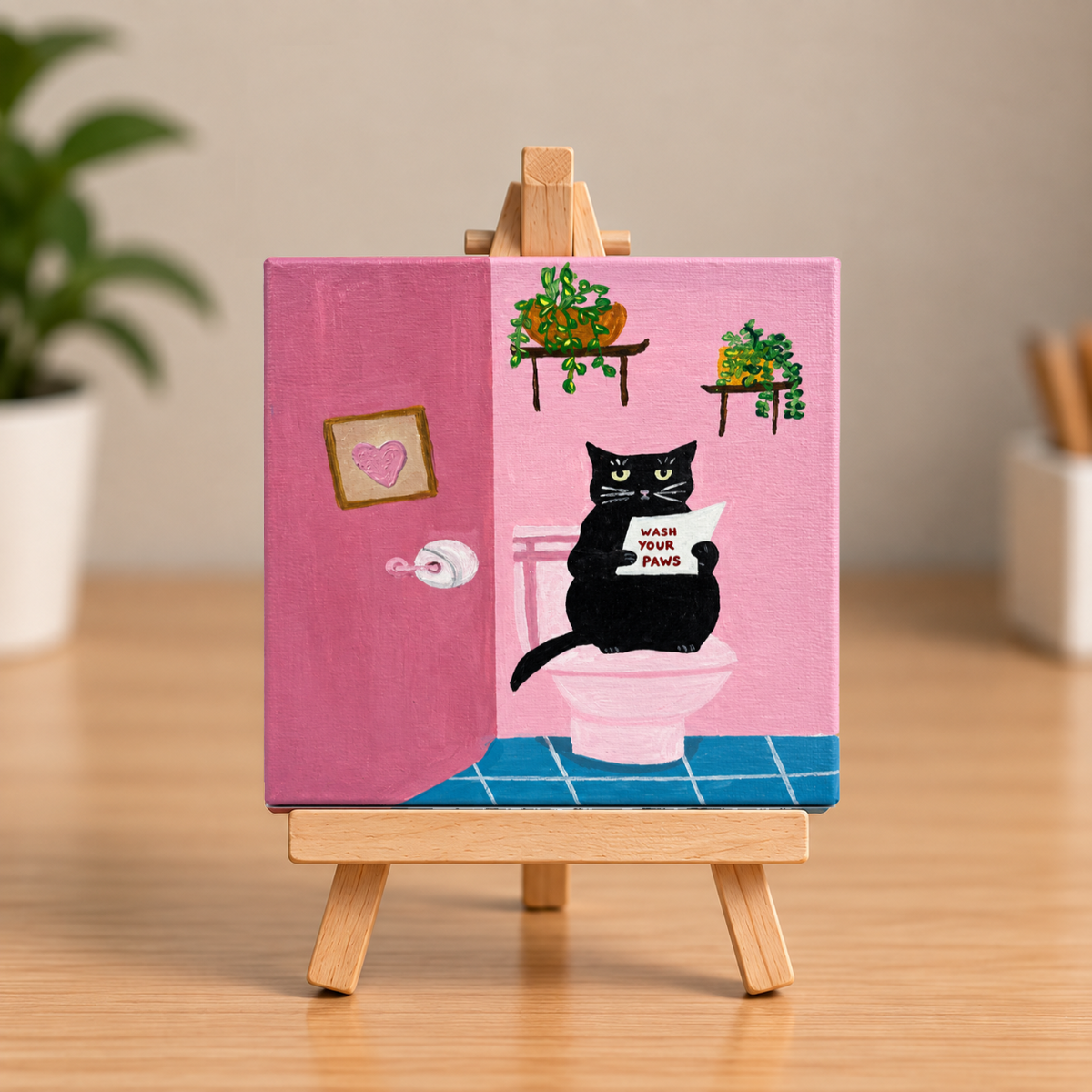 Wash Your Paws Cat Hand-Painted Mini Canvas