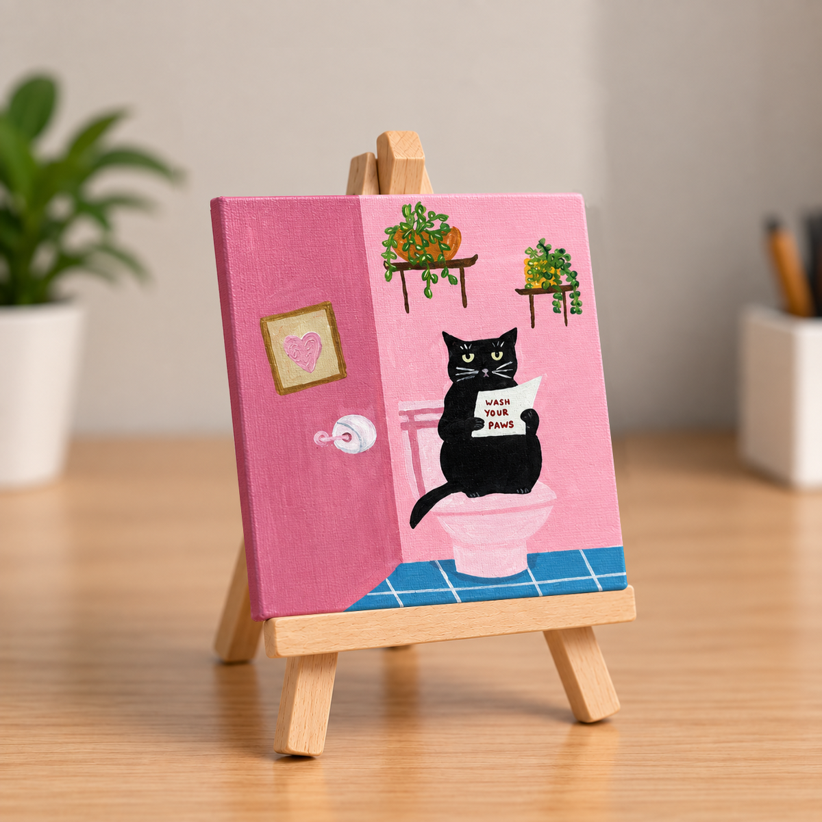 Wash Your Paws Cat Hand-Painted Mini Canvas
