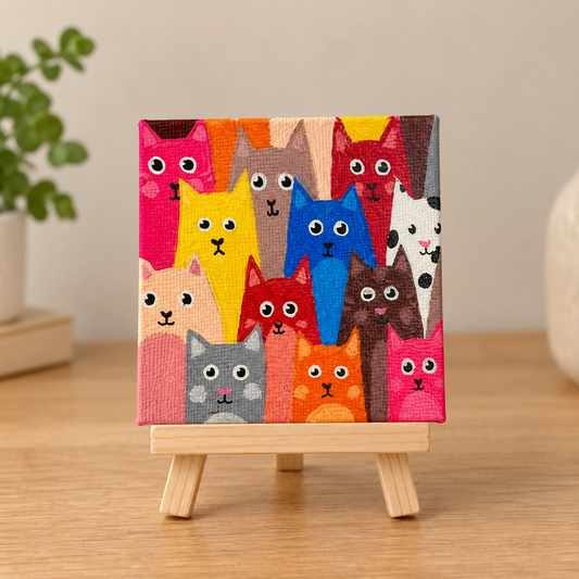 Colourful Cats Hand-Painted Mini Canvas