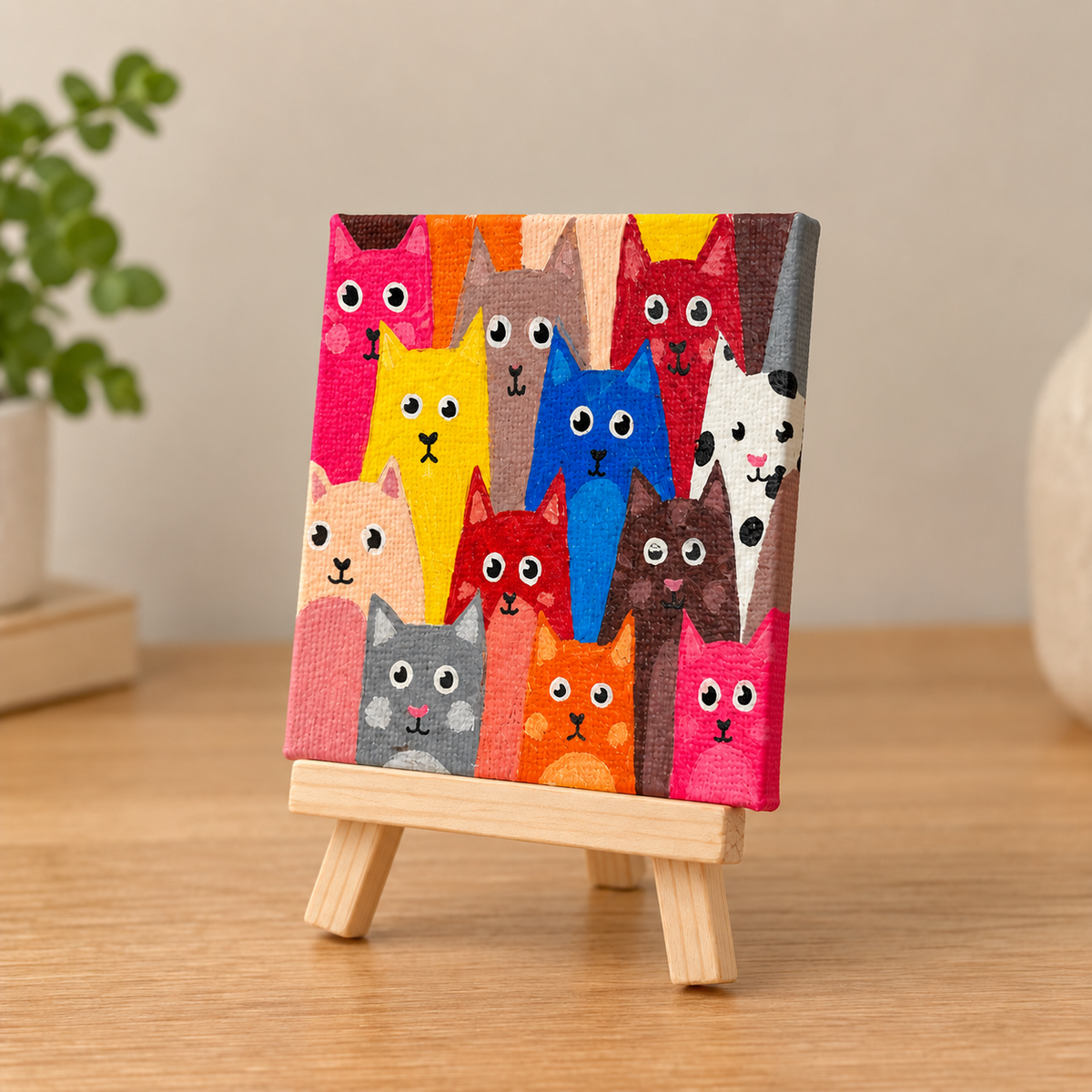Colourful Cats Hand-Painted Mini Canvas