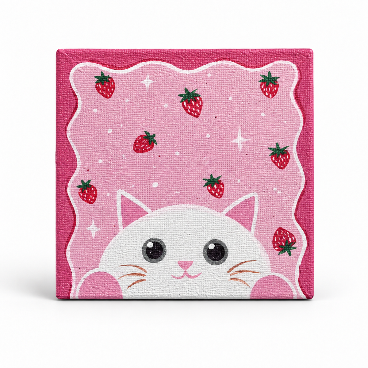 Strawberry Kitty Hand-Painted Mini Canvas