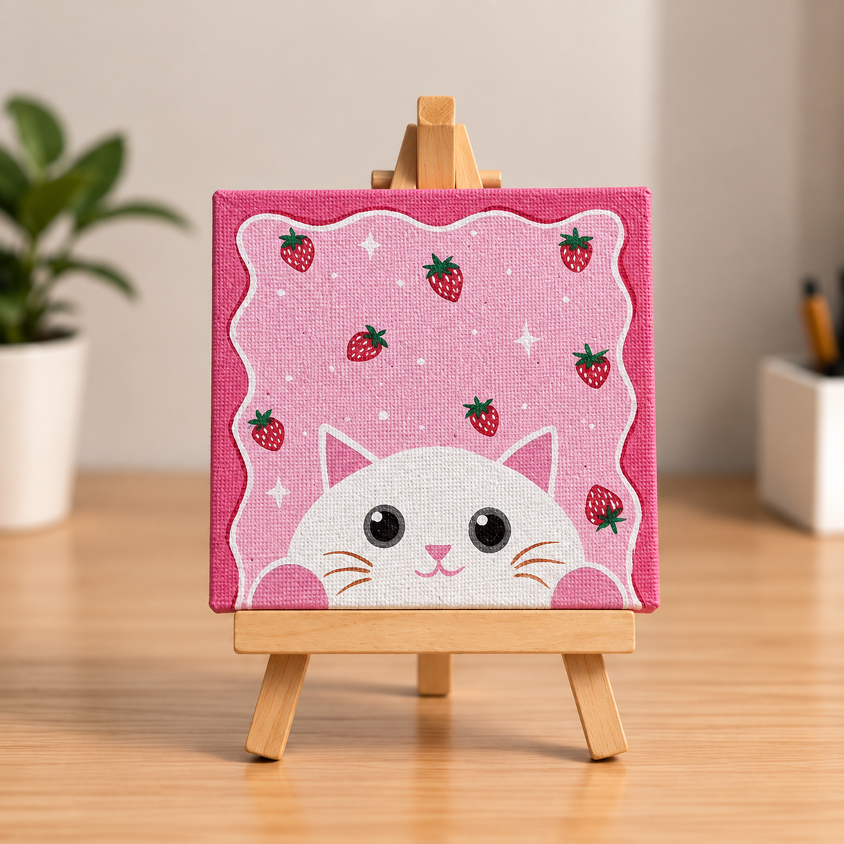 Strawberry Kitty Hand-Painted Mini Canvas