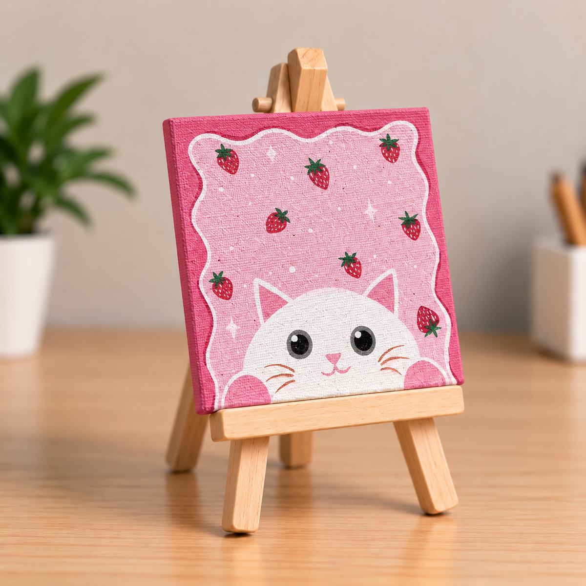 Strawberry Kitty Hand-Painted Mini Canvas